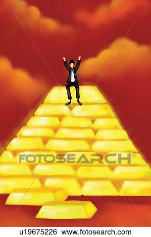 Stock Illustration - Businessman, Cloud, Gold, Gold Bars, Illustration And Painting. Fotosearch
