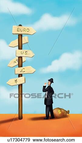 Stock Illustration - Businessman considering currency value. Fotosearch