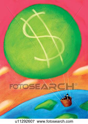 Stock Illustration - Businessman in money hot air balloon. Fotosearch