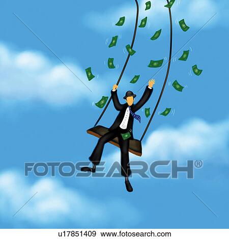 Businessman swinging through sky with money View Large Illustration Stock Illustration - Businessman swinging through sky with money. Fotosearch