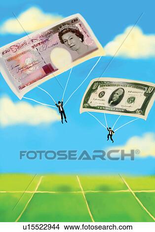 Stock Illustration - Carefree, Green, Paper Currency, Two People, Business, Illustration And Painting. Fotosearch