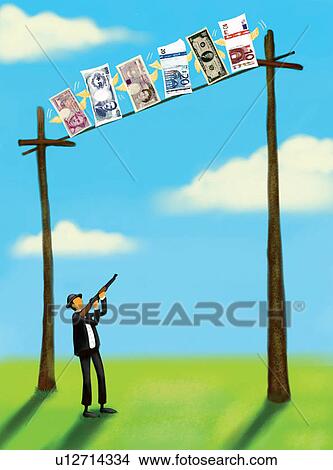 Stock Illustration - Paper Currency, Gun, Illustration And Painting, One Person, Business Suit, Shadow, Business. Fotosearch
