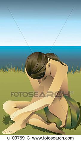 Drawing - Hair Back, Illustration And Painting, Outdoor, Young Adult, Blue, Beauty Treatment. Fotosearch
