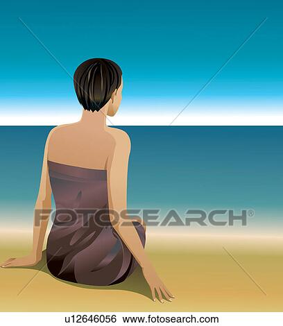 Stock Illustration - Illustration And Painting, Sitting, Short Hair, Spa, One Young Woman Only, Getting Away From It All. Fotosearch