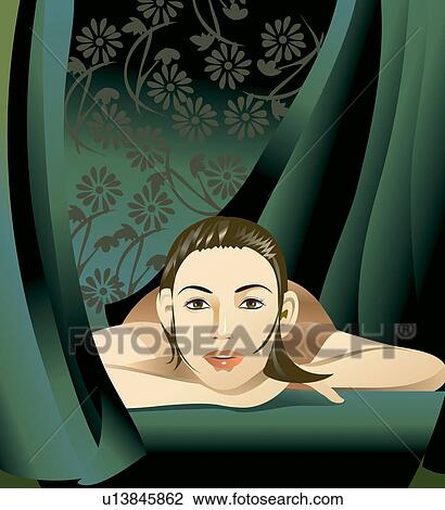 Drawing - Lying On Front, Spa Treatment, Young Adult, Indoor, Thinking. Fotosearch