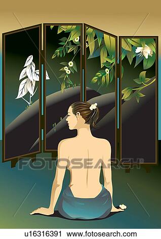 Clip Art - Spa Treatment, One Young Woman Only, Young Adult, Spa, Rear View. Fotosearch