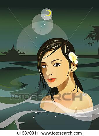 Clip Art - Spa Treatment, Sky, Well-Being, Moon, Black Hair, Head And Shoulders. Fotosearch