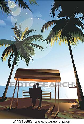 Drawing - Unrecognizable Person, Unknown Age, Togetherness, Horizon, Outdoor. Fotosearch