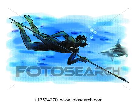 Clipart - diver, fish, benthos, sea, frogman, animal, ocean. Fotosearch