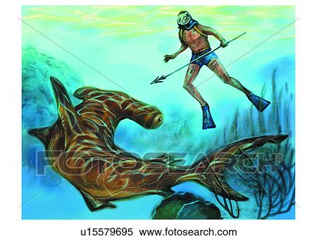 Stock Illustration - frogman, fish, sphyrna typus zygaena, vertebrate, benthos, ocean, animal. Fotosearch