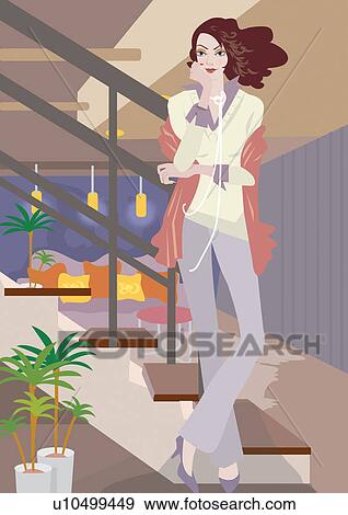 Stock Illustration - young woman, creation, vision, appearance, modern art, painting, stairs. Fotosearch