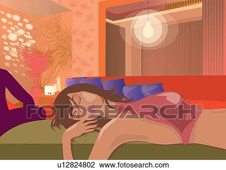 Drawing - young woman, lying down, graphic, paint, home interior, conceptualized, creation. Fotosearch