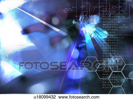 Drawing - Blue light streaks superimposed on a honeycomb pattern. Fotosearch