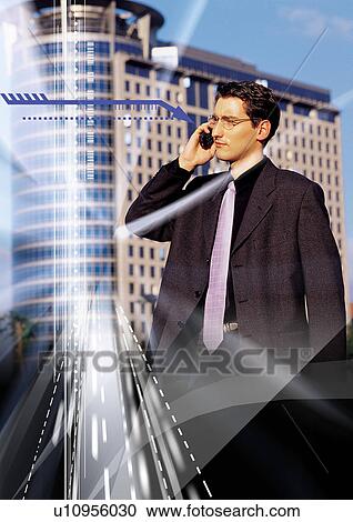 Clipart - Businessman superimposed on a building background. Fotosearch