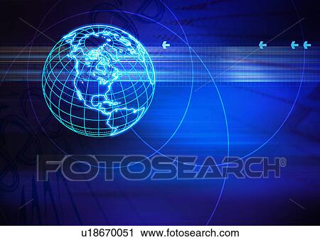 Clip Art - Globe superimposed on a blue background. Fotosearch