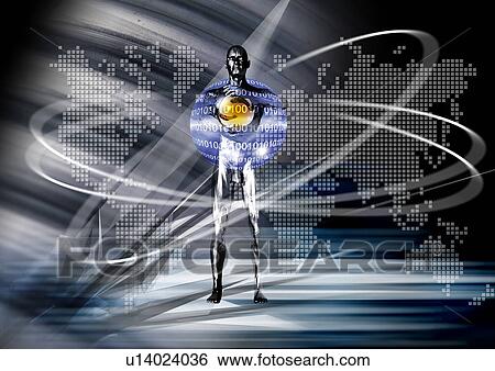 Stock Illustration - Human form superimposed on a dotted map of the world. Fotosearch