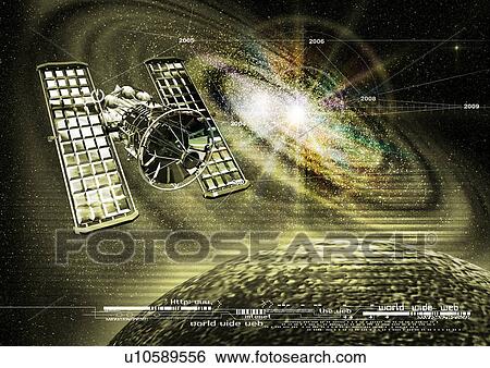 Low angle view of a satellite over a planet View Large Illustration Stock Illustration - Low angle view of a satellite over a planet. Fotosearch