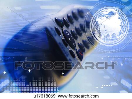 Stock Illustration - Mobile phone superimposed on a blue background. Fotosearch