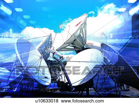 Satellite dishes superimposed on a blue background View Large Illustration Stock Illustration - Satellite dishes superimposed on a blue background. Fotosearch