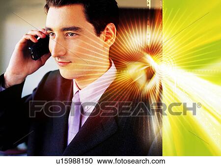 Close-up of a businessman superimposed on a glowing background View Large Illustration Clipart - Close-up of a businessman superimposed on a glowing background. Fotosearch