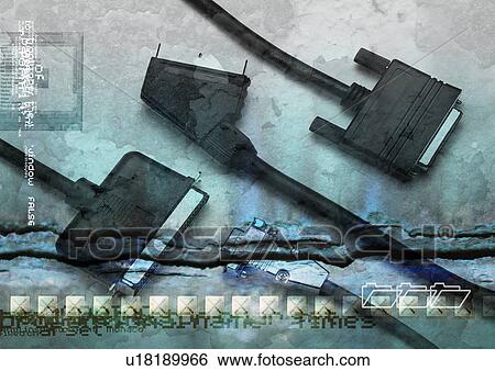 Stock Illustration - Computer cables superimposed on a grey background. Fotosearch