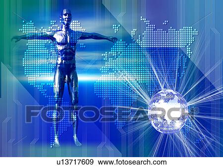 Stock Illustration - Human body superimposed on a digital map of the world. Fotosearch