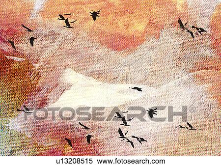Stock Illustration - Flock of flying birds superimposed on a fabric background. Fotosearch