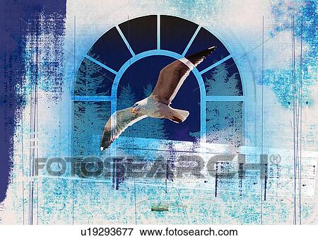 Stock Illustration - Flying bird superimposed on a blue window. Fotosearch