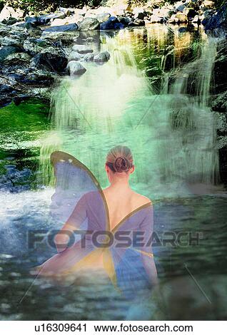 Woman with wings superimposed on a waterfall View Large Illustration Clip Art - Woman with wings superimposed on a waterfall. Fotosearch