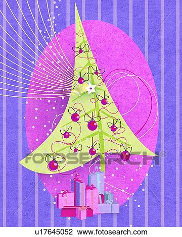 Decorated Christmas tree with presents underneath View Large Illustration Drawing - Decorated Christmas tree with presents underneath. Fotosearch