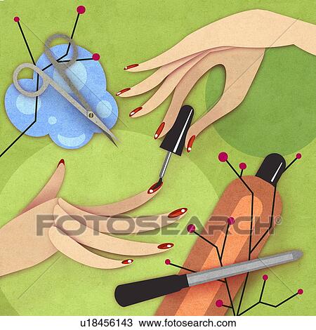 Drawing - Hands applying nail polish. Fotosearch