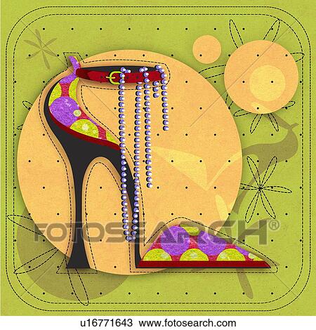 Drawing - High heel shoe with pearls. Fotosearch