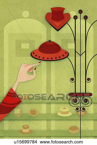 Stock Illustration - Woman's hand pointing at hat in a store. Fotosearch