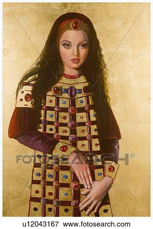 Stock Illustration - Medieval woman in crown with long hair. Fotosearch