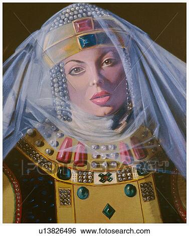 Stock Illustration - Medieval woman in jeweled clothing and scarf. Fotosearch