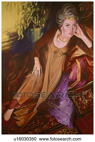 Clipart - Woman in Eastern dress reclining on pillows. Fotosearch