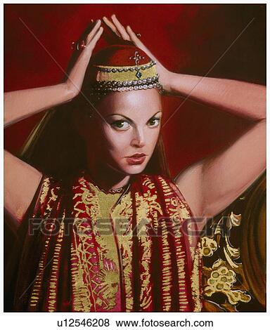 Stock Illustration - Woman in Eastern dress with hands behind head. Fotosearch