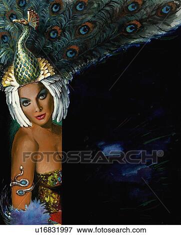 Stock Illustration - Woman in peacock hat. Fotosearch
