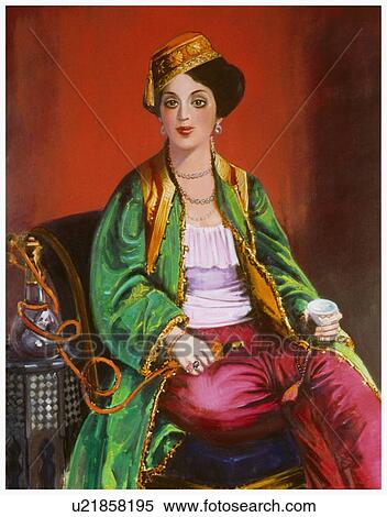 Stock Illustration - Woman in traditional dress smoking nargile. Fotosearch