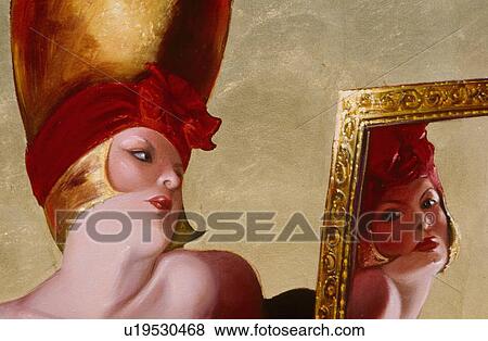 Stock Illustration - Woman with red scarf looking into mirror. Fotosearch