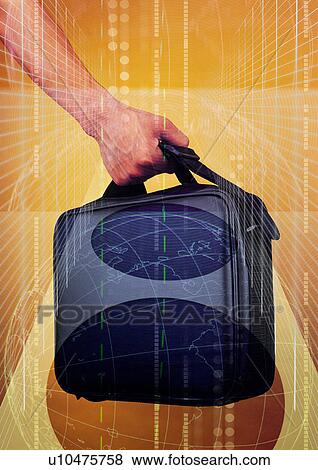 Stock Illustration - Briefcase in a hand superimposed on a brown background. Fotosearch