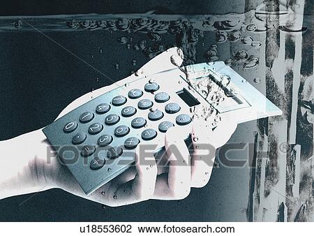 Calculator in a person's hand superimposed on a grey background View Large Illustration Drawing - Calculator in a person's hand superimposed on a grey background. Fotosearch