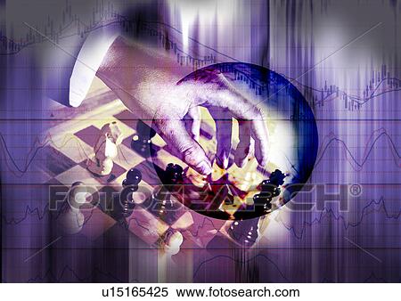 Stock Illustration - Person's hand on a chess board superimposed on a blue background. Fotosearch