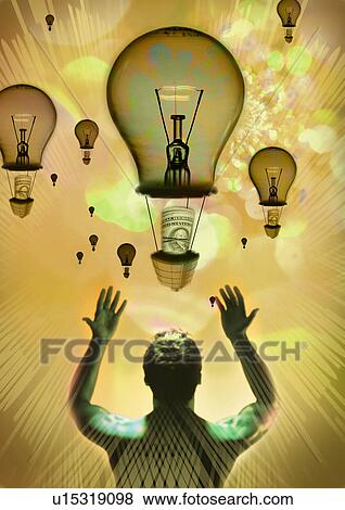 Rear view of a man superimposed on a background of light bulbs View Large Illustration Stock Illustration - Rear view of a man superimposed on a background of light bulbs. Fotosearch