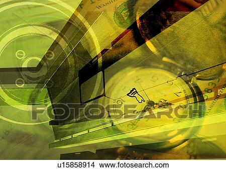 Stock Illustration - Watch faces superimposed on a green background. Fotosearch