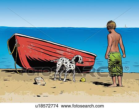 Boy playing on the beach with dog View Large Illustration Stock Illustration - Boy playing on the beach with dog. Fotosearch
