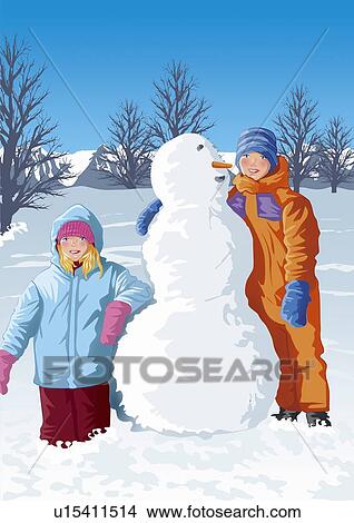 Stock Illustration - Children playing in the snow with a snowman. Fotosearch