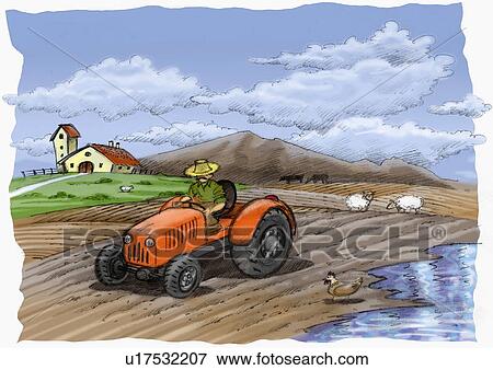 Farmer on a tractor in a partially flooded field View Large Illustration Stock Illustration - Farmer on a tractor in a partially flooded field. Fotosearch