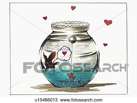 Fish in bowl falling in love with a fake fish View Large Illustration Drawing - Fish in bowl falling in love with a fake fish. Fotosearch