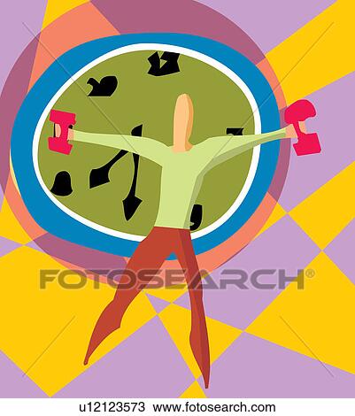 Drawing - Front view of a man holding dumbbells by clock. Fotosearch